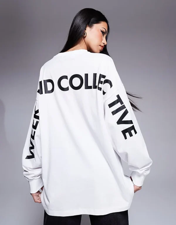 ASOS WEEKEND COLLECTIVE Weekend Collective Oversized Long Sleeve T-shirt With Back Logo In White For Women