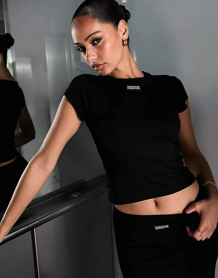 ASOS Weekend Collective Shruken T-shirt With Woven Label In Black For Women