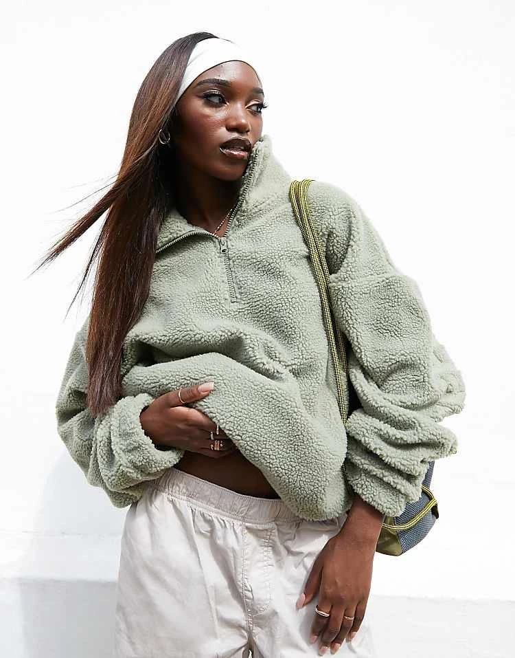 ASOS WEEKEND COLLECTIVE Weekend Collective Oversized Borg Half Zip With Burnout In Sage Green For Women 3 ASOS WEEKEND COLLECTIVE Weekend Collective Oversized Borg Half Zip With Burnout In Sage Green For Women - Image 3