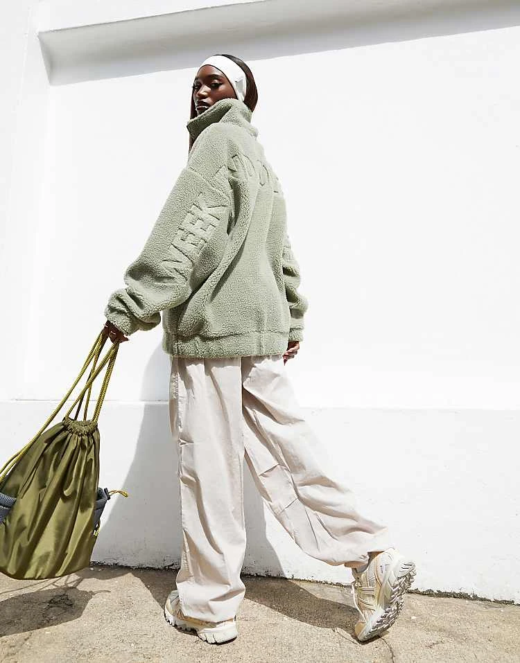 ASOS WEEKEND COLLECTIVE Weekend Collective Oversized Borg Half Zip With Burnout In Sage Green For Women 4 ASOS WEEKEND COLLECTIVE Weekend Collective Oversized Borg Half Zip With Burnout In Sage Green For Women - Image 4