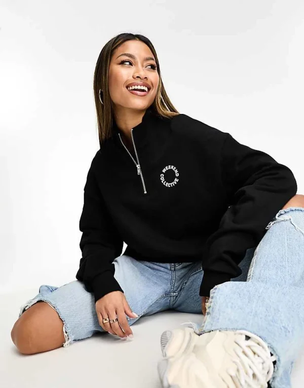 ASOS WEEKEND COLLECTIVE Weekend Collective Half Zip Sweat With Circle Logo In Black For Women