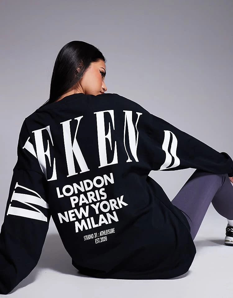 ASOS WEEKEND COLLECTIVE Weekend Collective Icon Oversized Long Sleeve T-shirt With Stacked Back Logo In Black For Women 1 ASOS WEEKEND COLLECTIVE Weekend Collective Icon Oversized Long Sleeve T-shirt With Stacked Back Logo In Black For Women