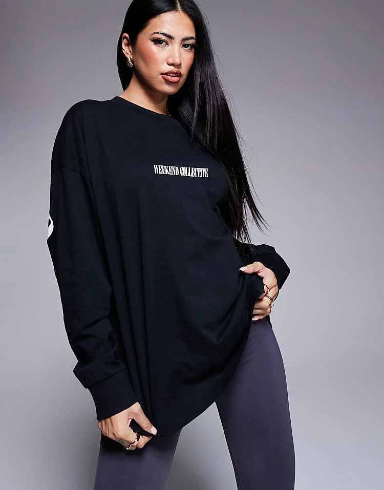 ASOS WEEKEND COLLECTIVE Weekend Collective Icon Oversized Long Sleeve T-shirt With Stacked Back Logo In Black For Women 3 ASOS WEEKEND COLLECTIVE Weekend Collective Icon Oversized Long Sleeve T-shirt With Stacked Back Logo In Black For Women - Image 3