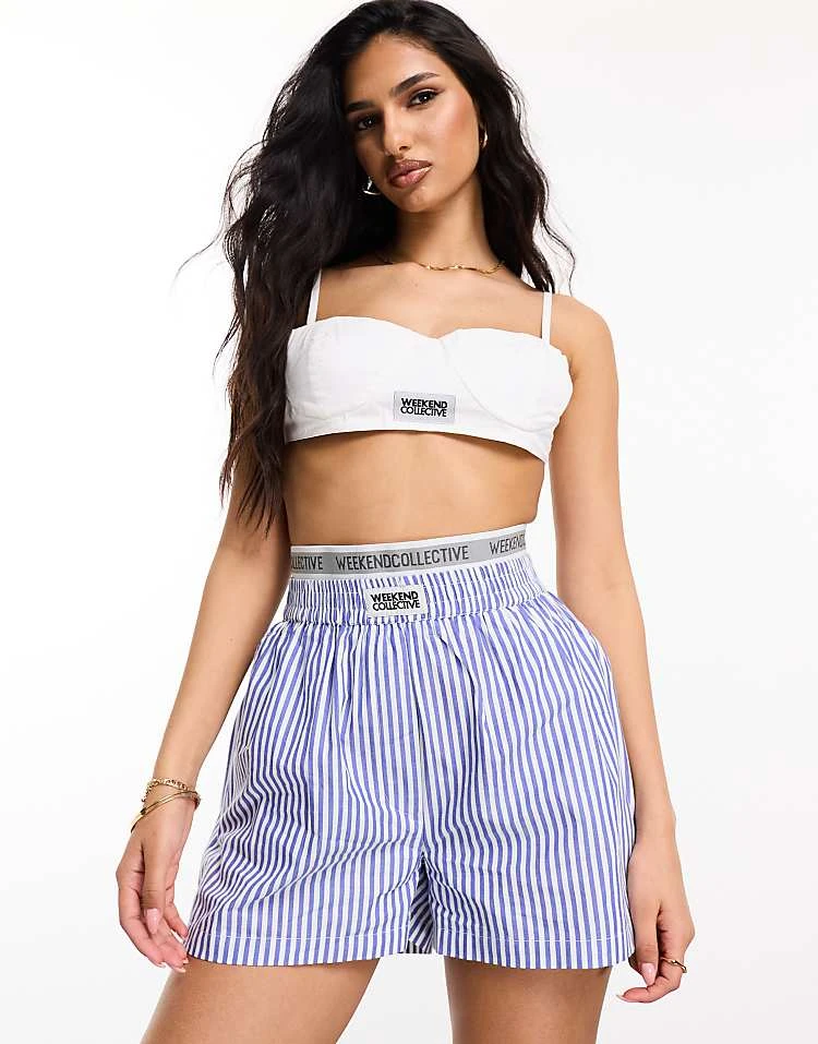 ASOS WEEKEND COLLECTIVE Weekend Collective Boxer Short With Elastic Waistband In Blue Stripe For Women Blue & White 6 ASOS WEEKEND COLLECTIVE Weekend Collective Boxer Short With Elastic Waistband In Blue Stripe For Women Blue & White - Image 6
