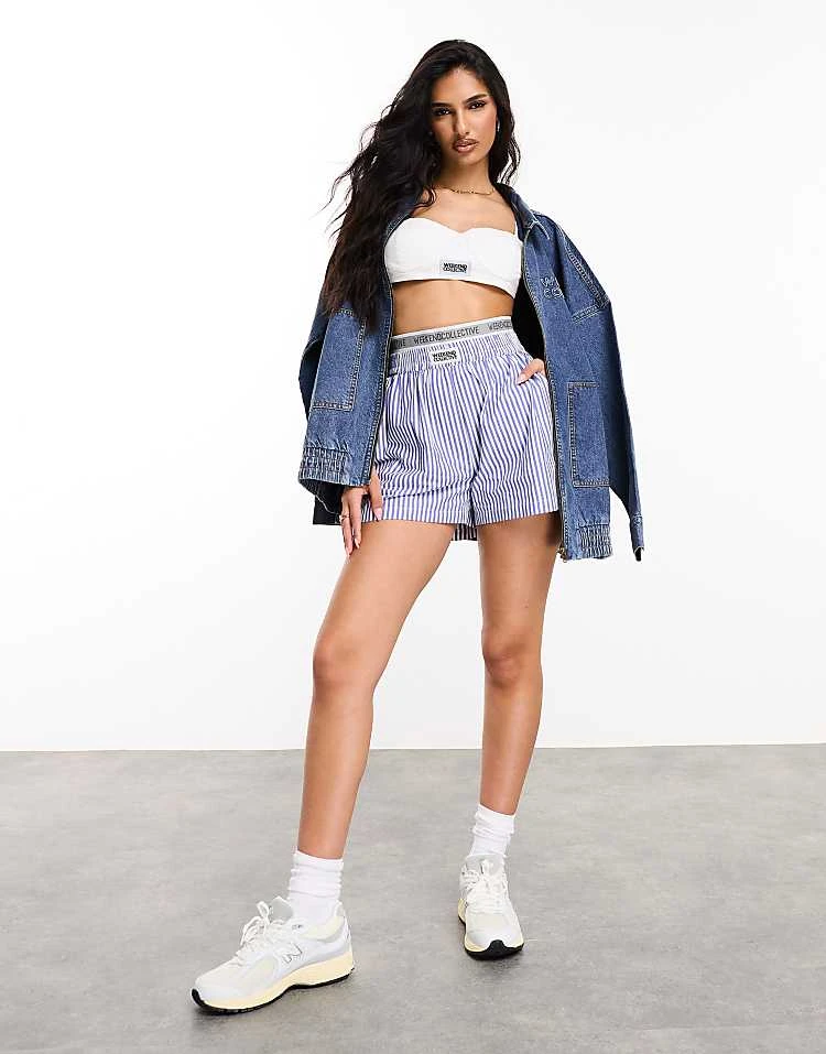 ASOS WEEKEND COLLECTIVE Weekend Collective Boxer Short With Elastic Waistband In Blue Stripe For Women Blue & White 3 ASOS WEEKEND COLLECTIVE Weekend Collective Boxer Short With Elastic Waistband In Blue Stripe For Women Blue & White - Image 3