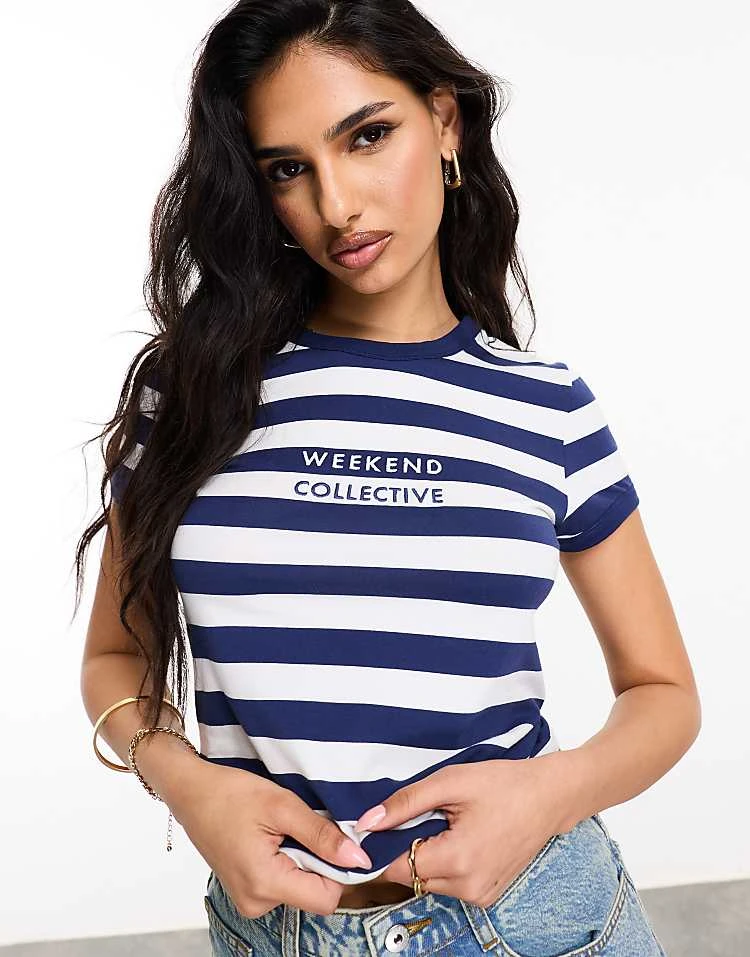 ASOS Weekend Collective Baby Tee With Logo In Navy And White Stripe For Women Navy & White 5 ASOS Weekend Collective Baby Tee With Logo In Navy And White Stripe For Women Navy & White - Image 5