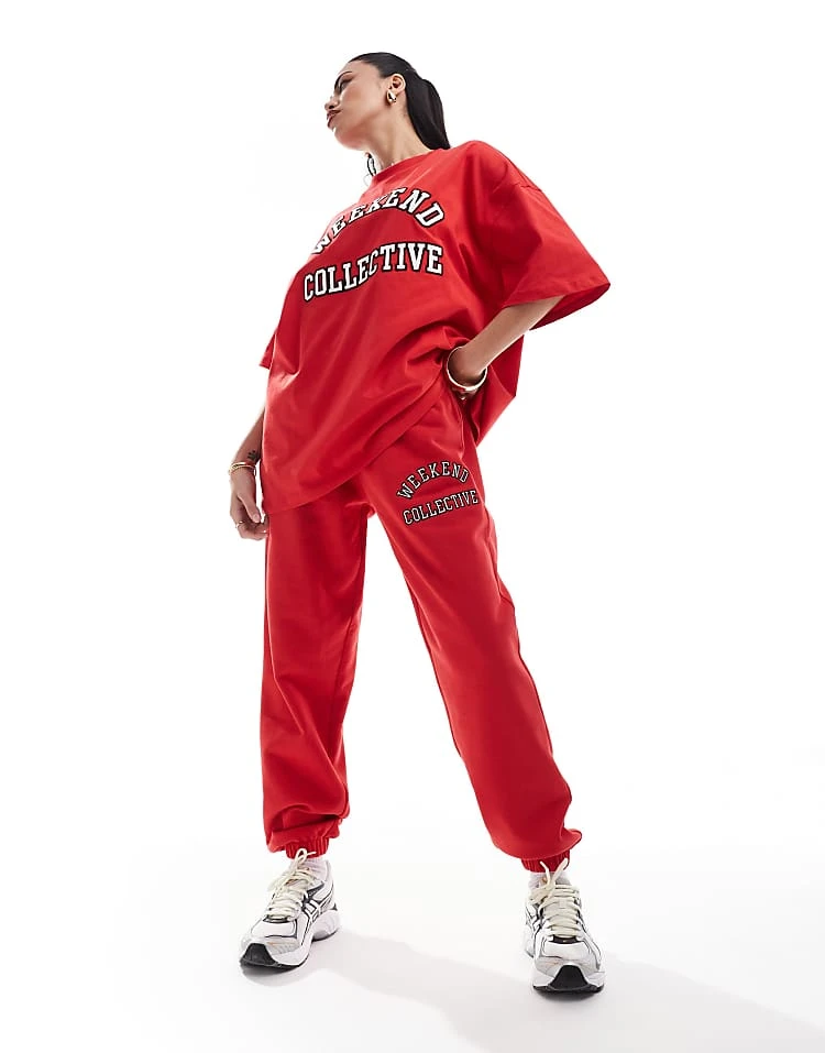 ASOS Weekend Collective Oversized Jogger With Varsity Logo In Red For Women 6 ASOS Weekend Collective Oversized Jogger With Varsity Logo In Red For Women - Image 6