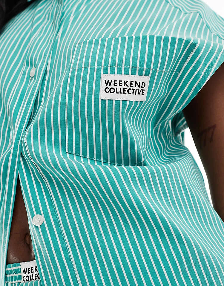 ASOS WEEKEND COLLECTIVE ASOS DESIGN Weekend Collective Sleeveless Shirt In Green Stripe For Women 4 ASOS WEEKEND COLLECTIVE ASOS DESIGN Weekend Collective Sleeveless Shirt In Green Stripe For Women - Image 4