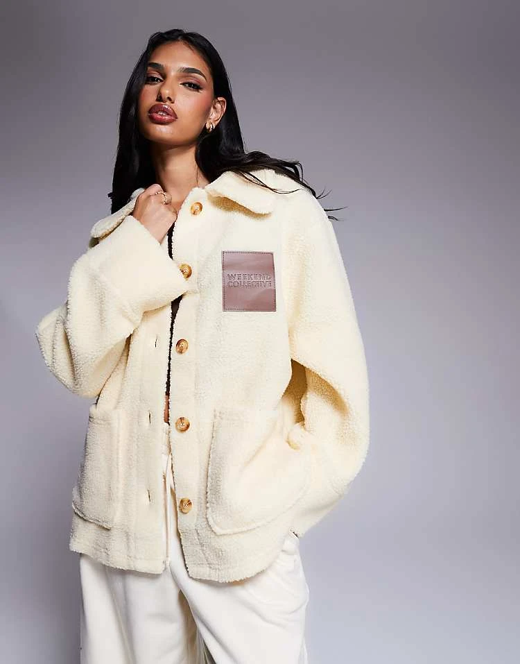 ASOS WEEKEND COLLECTIVE Weekend Collective Collared Button Up Borg With PU Patch In Neutral For Women Cream 1 ASOS WEEKEND COLLECTIVE Weekend Collective Collared Button Up Borg With PU Patch In Neutral For Women Cream