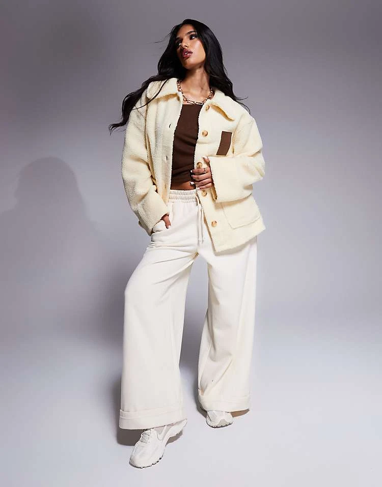 ASOS WEEKEND COLLECTIVE Weekend Collective Collared Button Up Borg With PU Patch In Neutral For Women Cream 2 ASOS WEEKEND COLLECTIVE Weekend Collective Collared Button Up Borg With PU Patch In Neutral For Women Cream - Image 2