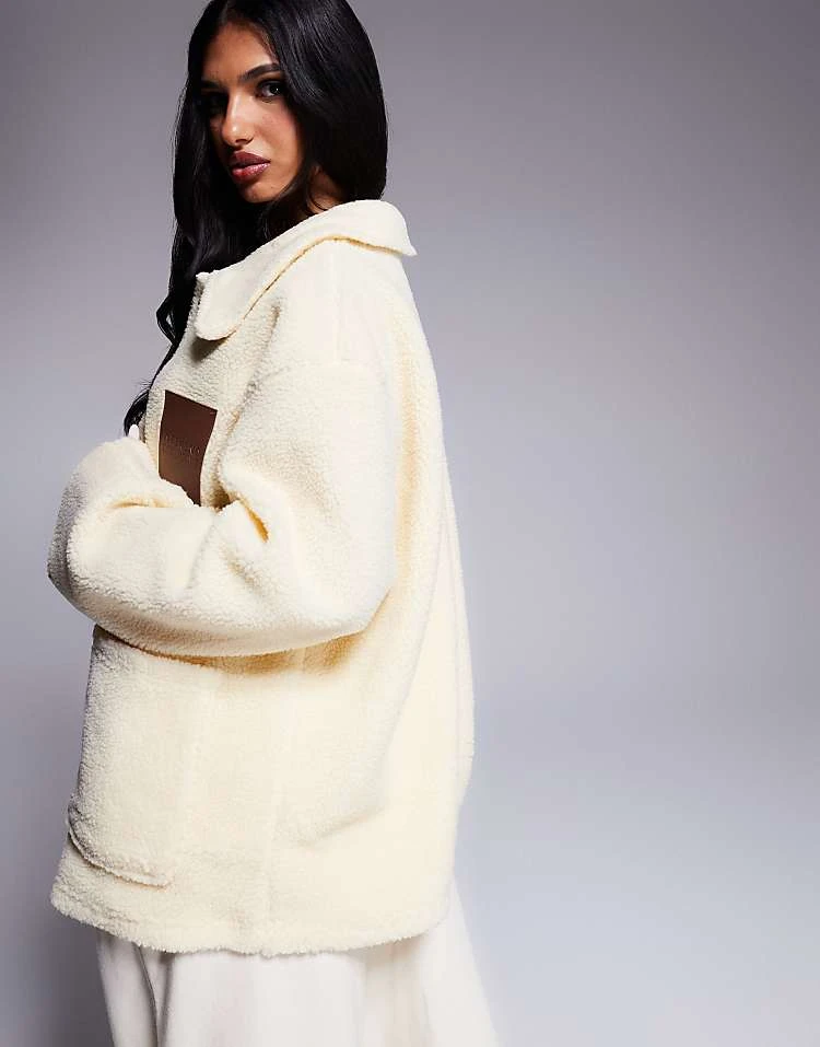 ASOS WEEKEND COLLECTIVE Weekend Collective Collared Button Up Borg With PU Patch In Neutral For Women Cream 3 ASOS WEEKEND COLLECTIVE Weekend Collective Collared Button Up Borg With PU Patch In Neutral For Women Cream - Image 3