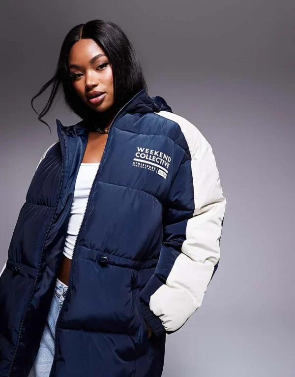 ASOS WEEKEND COLLECTIVE Weekend Collective Waisted Padded Coat With Logo In Navy And Cream For Women Navy & Cream