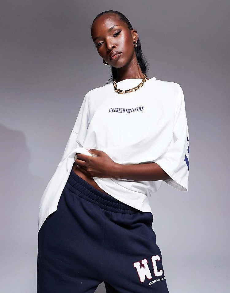 ASOS WEEKEND COLLECTIVE Weekend Collective Icon Oversized T-shirt With Navy Stacked Back Logo In Ecru For Women Navy & Ecru 2 ASOS WEEKEND COLLECTIVE Weekend Collective Icon Oversized T-shirt With Navy Stacked Back Logo In Ecru For Women Navy & Ecru - Image 2