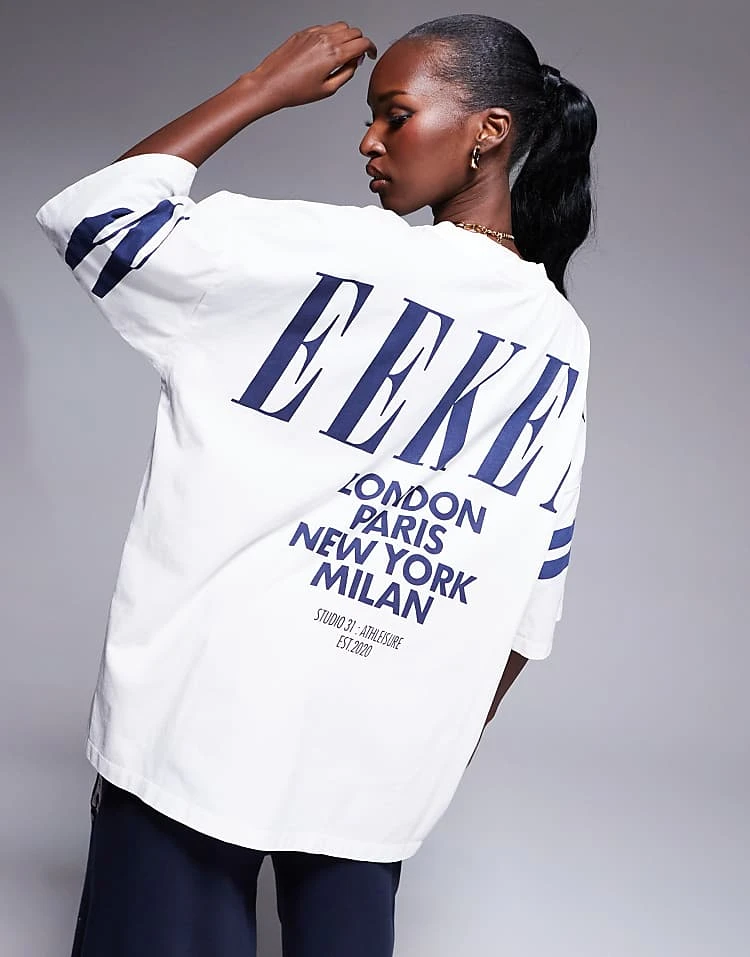 ASOS WEEKEND COLLECTIVE Weekend Collective Icon Oversized T-shirt With Navy Stacked Back Logo In Ecru For Women Navy & Ecru 4 ASOS WEEKEND COLLECTIVE Weekend Collective Icon Oversized T-shirt With Navy Stacked Back Logo In Ecru For Women Navy & Ecru - Image 4