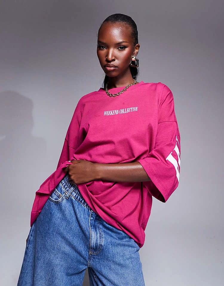 ASOS WEEKEND COLLECTIVE Weekend Collective Icon Oversized T-shirt With Stacked Back Logo In Dark Pink For Women 2 ASOS WEEKEND COLLECTIVE Weekend Collective Icon Oversized T-shirt With Stacked Back Logo In Dark Pink For Women - Image 2