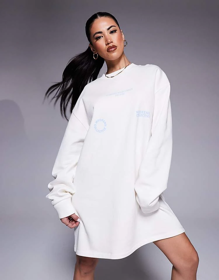 ASOS WEEKEND COLLECTIVE Weekend Collective Sweatshirt Dress With Script Graphic In Cream For Women 2 ASOS WEEKEND COLLECTIVE Weekend Collective Sweatshirt Dress With Script Graphic In Cream For Women - Image 2