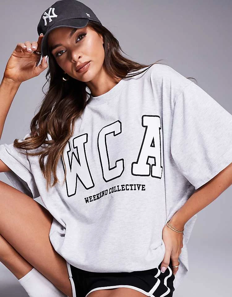 ASOS WEEKEND COLLECTIVE Weekend Collective Icon Oversized T-shirt With Embroidered WCA Graphic In Grey Marl For Women 1 ASOS WEEKEND COLLECTIVE Weekend Collective Icon Oversized T-shirt With Embroidered WCA Graphic In Grey Marl For Women
