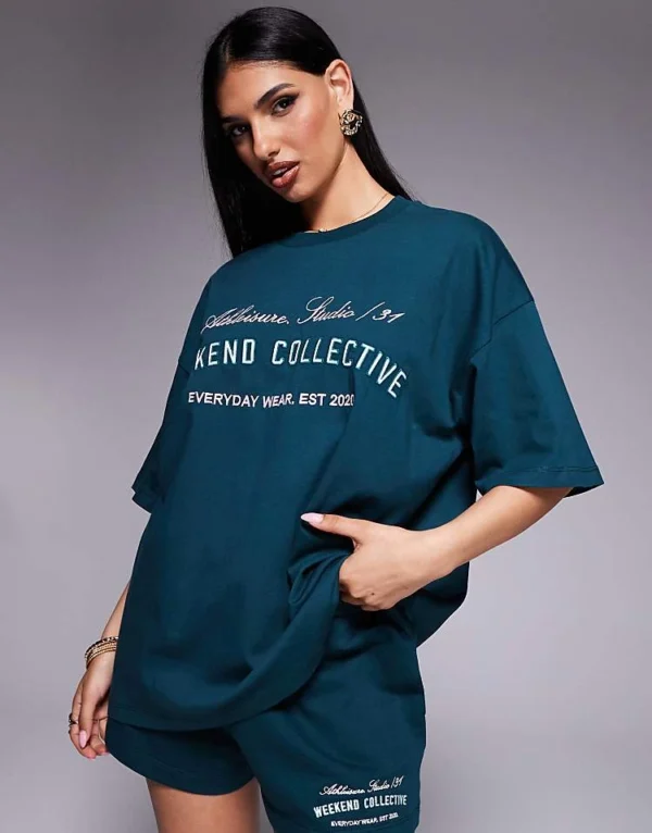 ASOS WEEKEND COLLECTIVE Weekend Collective T-shirt Co-ord With Embroidered Logo In Green For Women