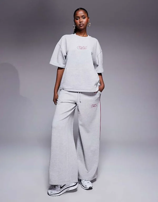 ASOS WEEKEND COLLECTIVE Weekend Collective Wide Leg Jogger With Piping Detail In Grey Marl And Plum For Women